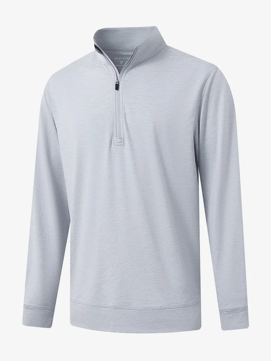 3D view of FADED DENIM HEATHER Quarter Zip Melange Pullover showing shape and melange pattern.