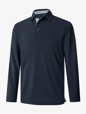 3D view of the dark khaki long sleeve pique polo, highlighting its stylish design and comfortable fit.