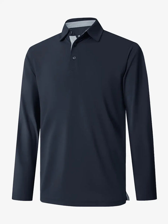 3D view of the dark khaki long sleeve pique polo, highlighting its stylish design and comfortable fit.