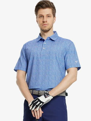 MAELREG Men's Performance Jersey Print Polo in Blue Small Leaf – front half-body with golf pose
