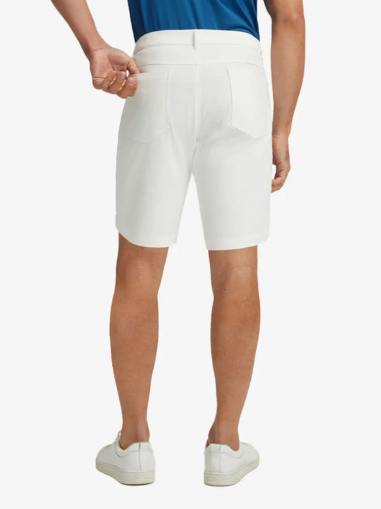 WHITE 4-way Stretch Performance Solid Shorts, back lower body view for golf wear, 9 Inch style