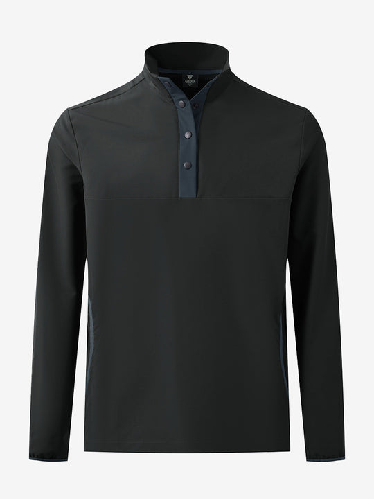 3D front view of the mock neck quarter button golf pullover in black, sleek and modern design.
