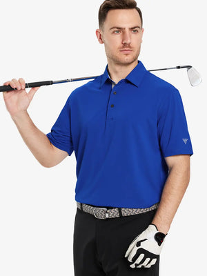 Half-body front pose with golf club in COBALT Ventilated Pique Performance Polo