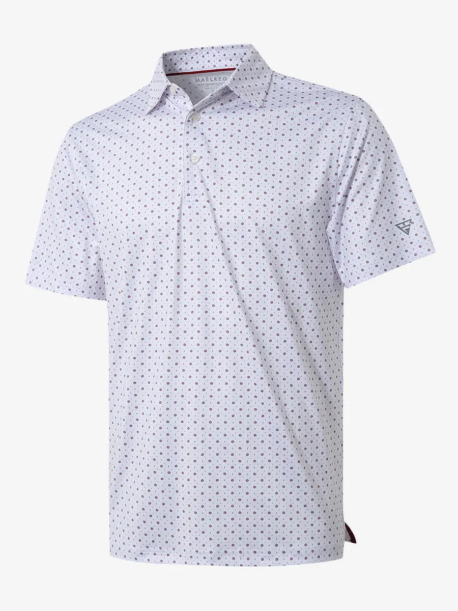 3D view of WHITE GEO Performance Quick Dry Print Golf Polo showing texture and fit.