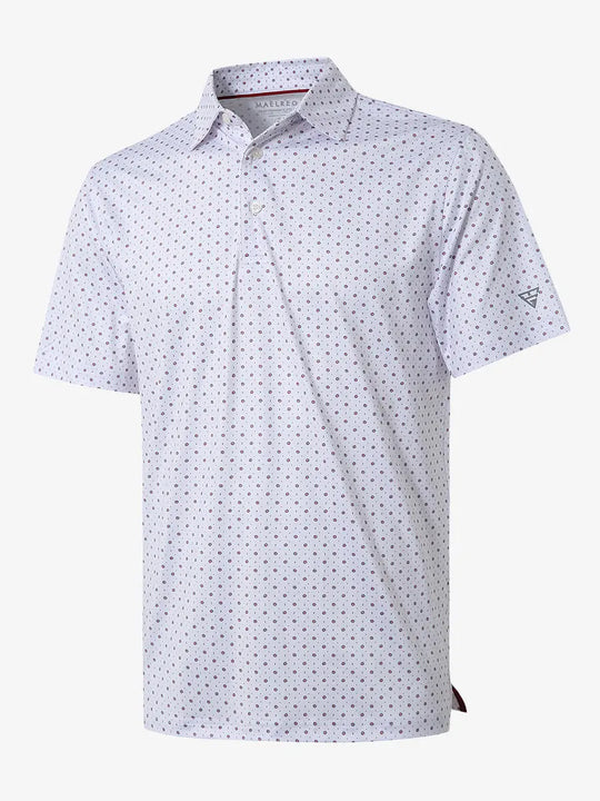 3D view of WHITE GEO Performance Quick Dry Print Golf Polo showing texture and fit.