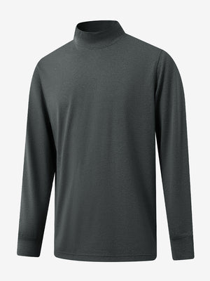 3D front display of Men’s Long Sleeve Mock Turtleneck Shirt in Dark Grey Heather, clean and modern fit.
