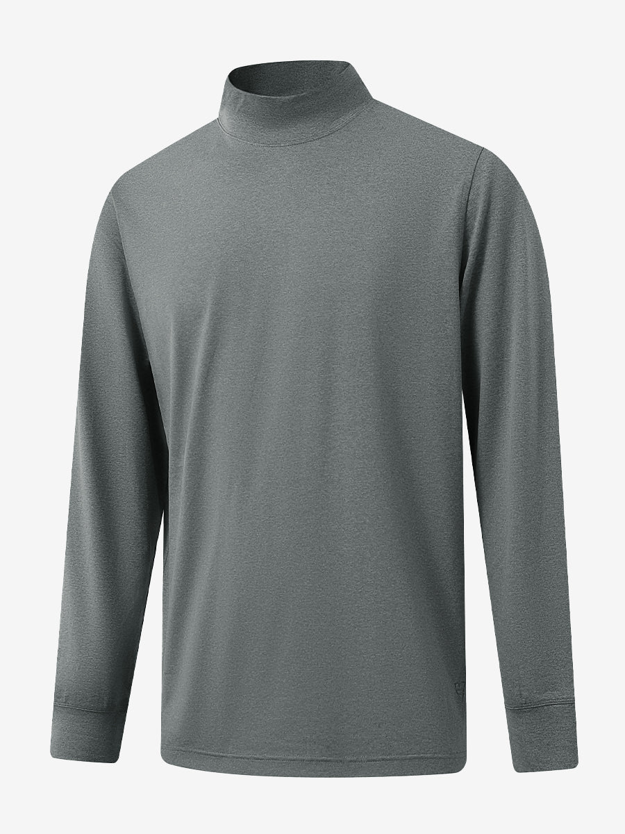 3D front display of Men’s Long Sleeve Mock Turtleneck Shirt in Black Grey Heather, clean and modern fit.