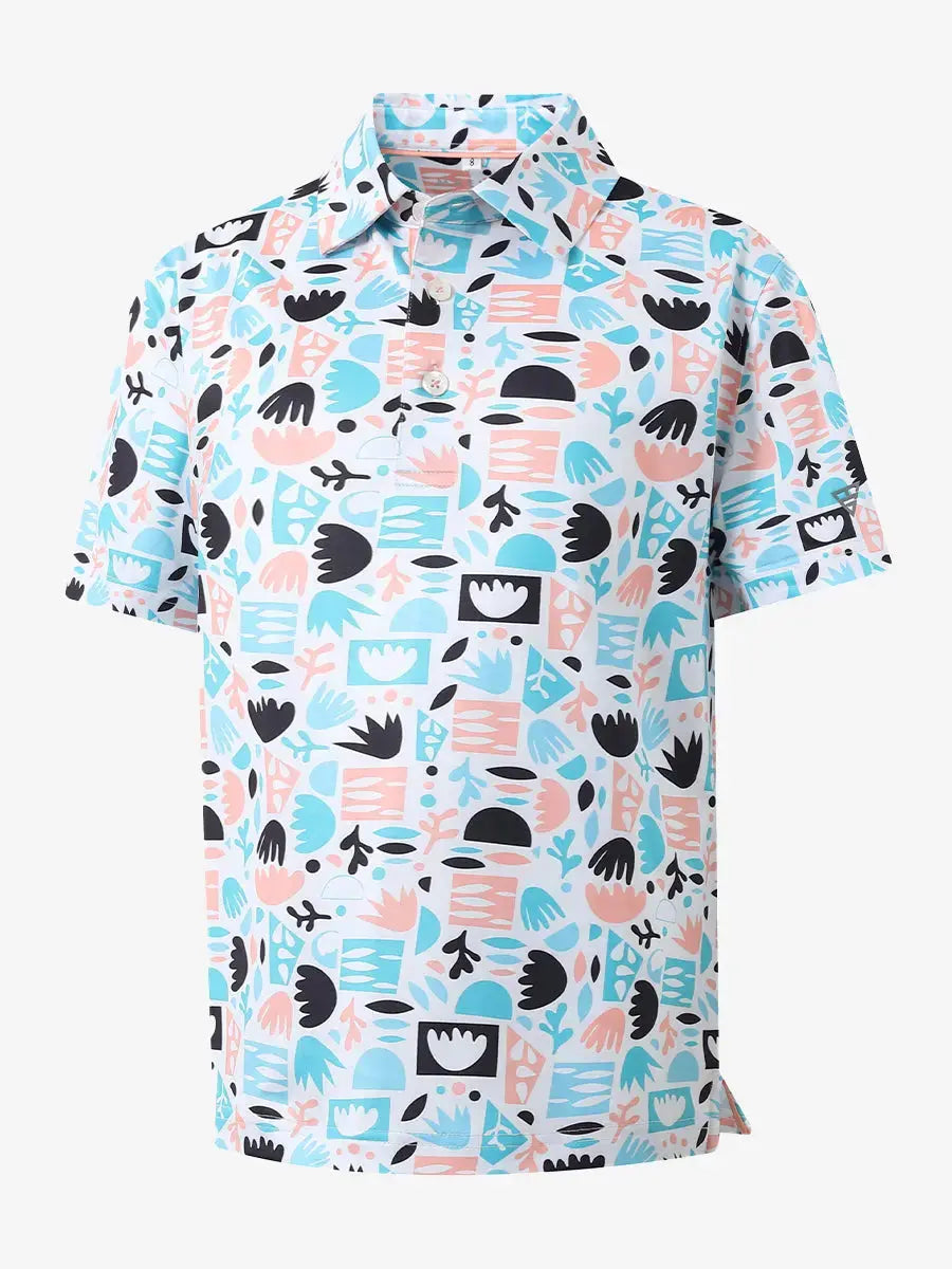 3D view showcasing the geometric pattern on IRREGULAR GEO Performance Print Boys Golf Polo