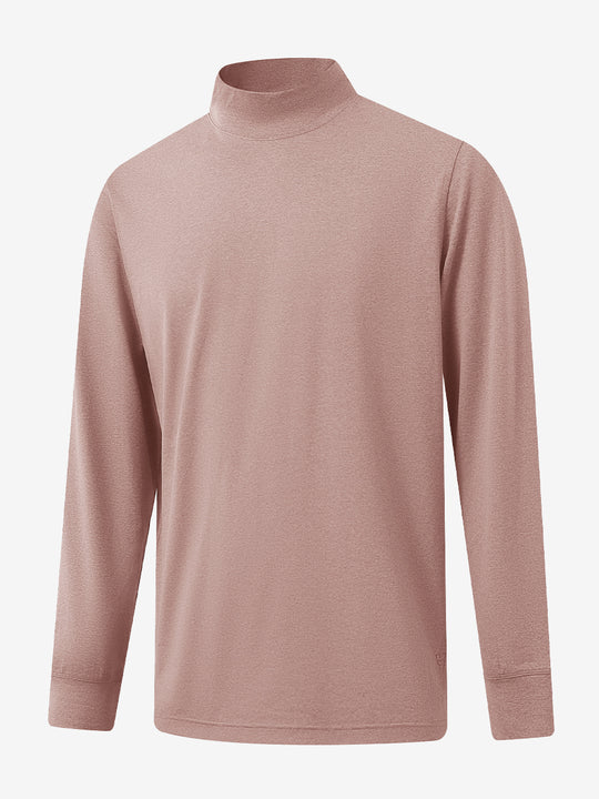 3D front display of Men’s Long Sleeve Mock Turtleneck Shirt in Pink Heather, clean and modern fit.