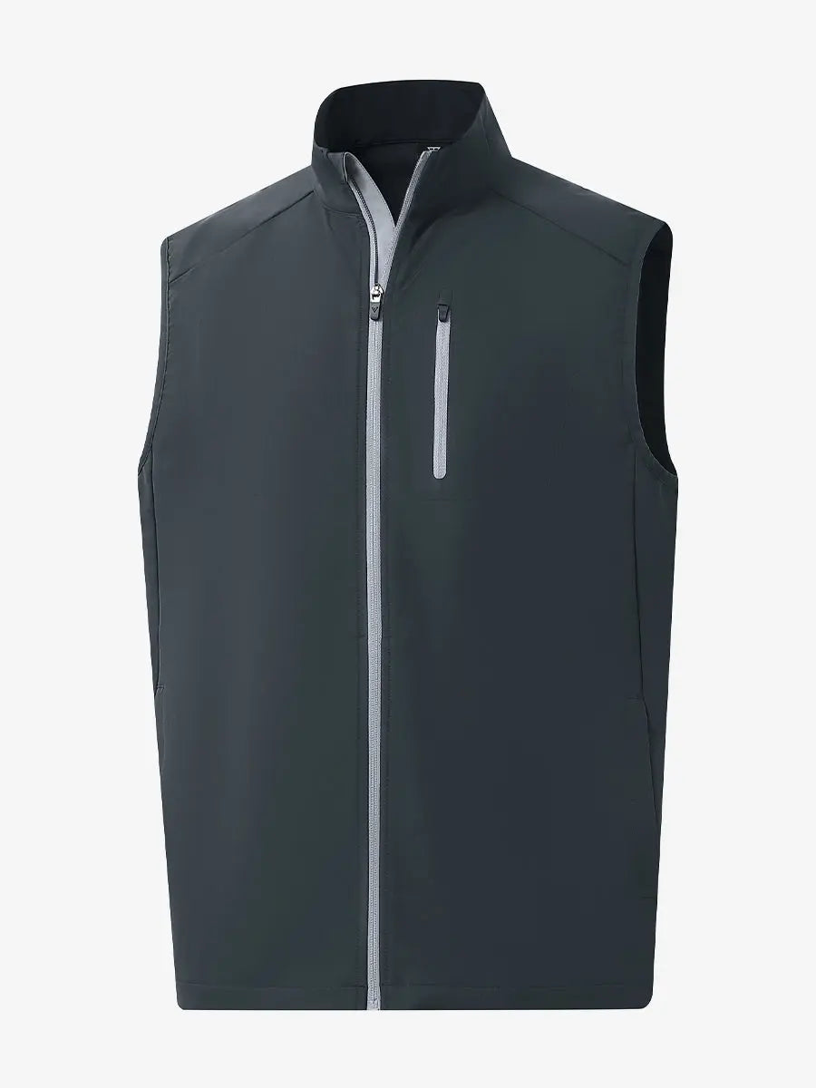3D view of the dark grey windproof golf vest, highlighting its functional design and modern zippered pockets.