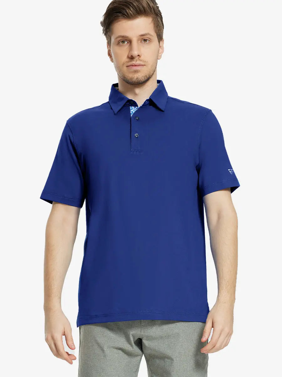 Front half-body view of male model in the Klein Blue Everyday Classic Solid Polo, standing still