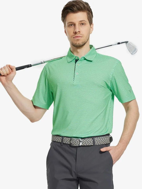 MAELREG Men's Performance Jersey Print Polo in Green Navy Dot – front half-body with golf pose