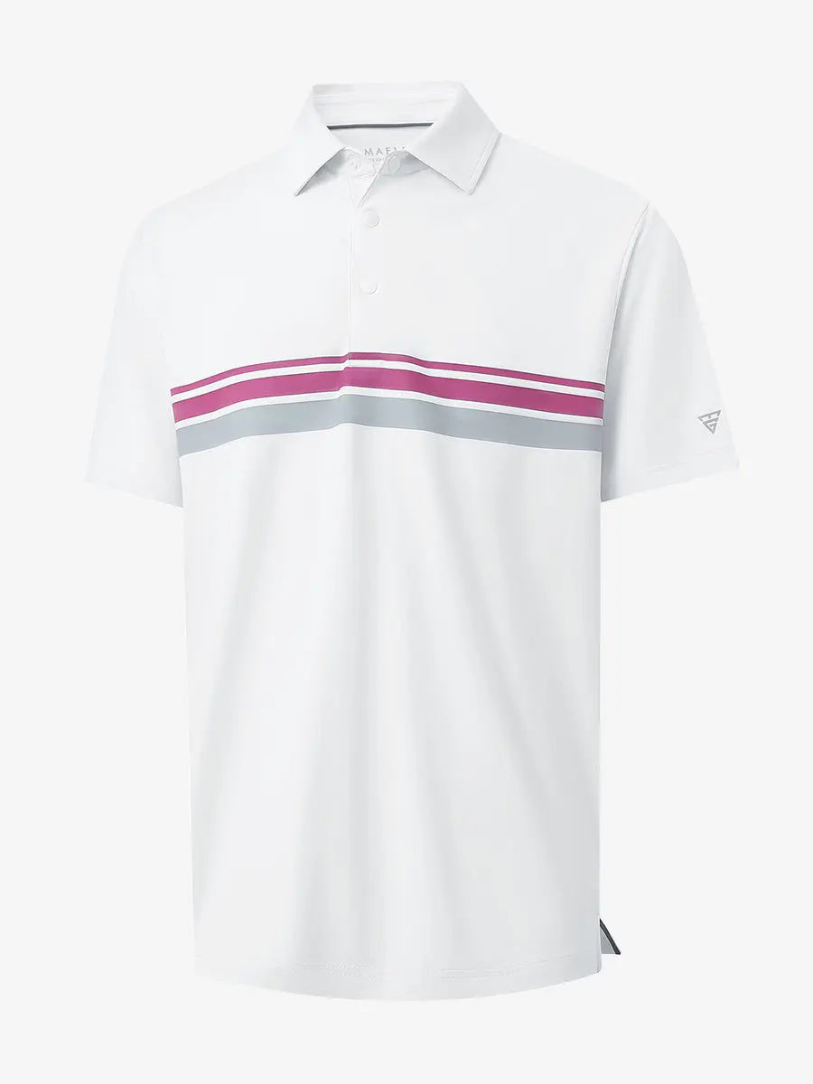 3D view of WHITE Stylish Chest Print Snap Polo showing design and fit