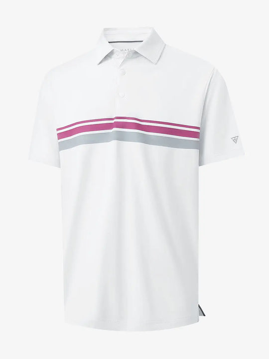 3D view of WHITE Stylish Chest Print Snap Polo showing design and fit