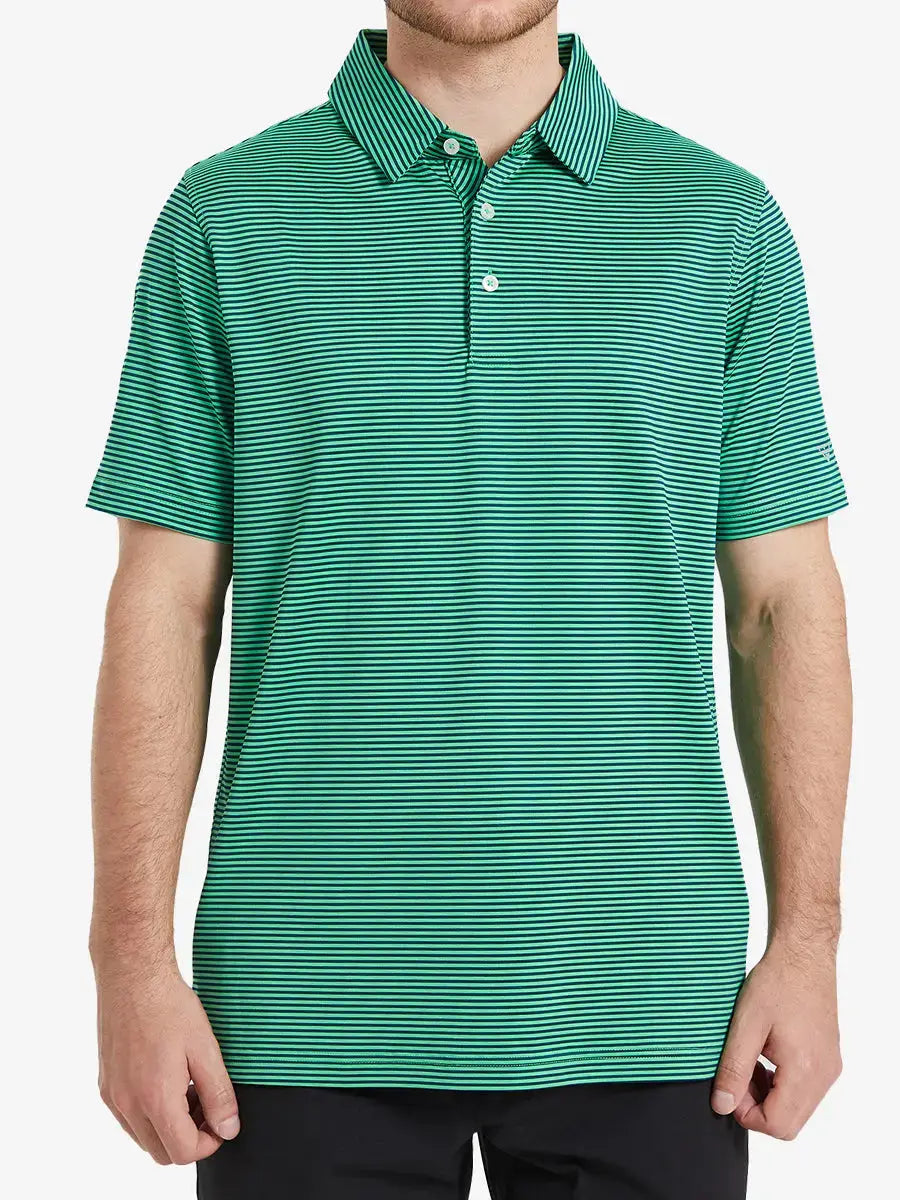 Half-body front shot of model in Cooling Stripe Golf Shirt, displaying fit and style – GREEN STRIPE