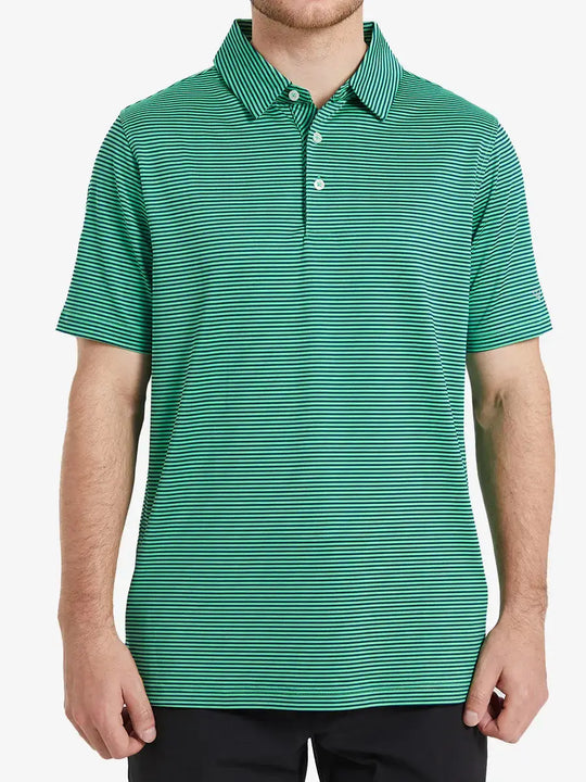 Half-body front shot of model in Cooling Stripe Golf Shirt, displaying fit and style – GREEN STRIPE
