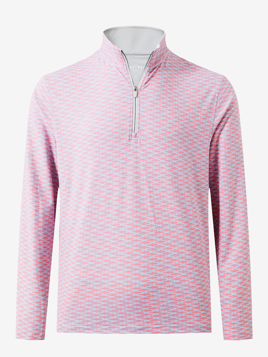 3D front view of the full print quarter zip pullover in pink small fish, showcasing bold and modern style.
