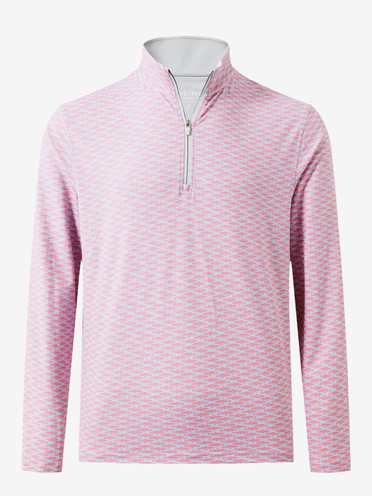 3D front view of the full print quarter zip pullover in pink small fish, showcasing bold and modern style.