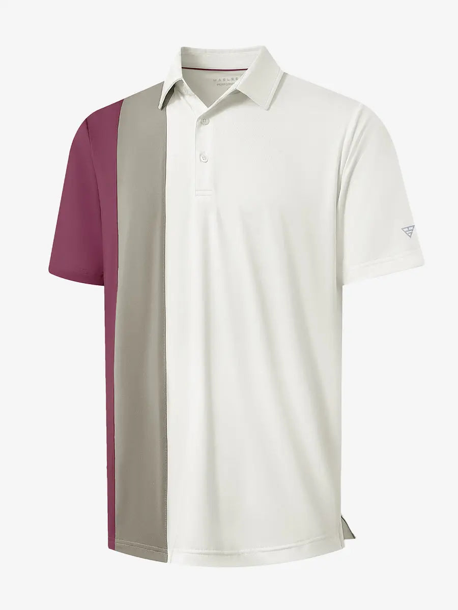 3D view of CREAM Moisture Wicking Color Block Polo Shirt showing fabric and color block design.