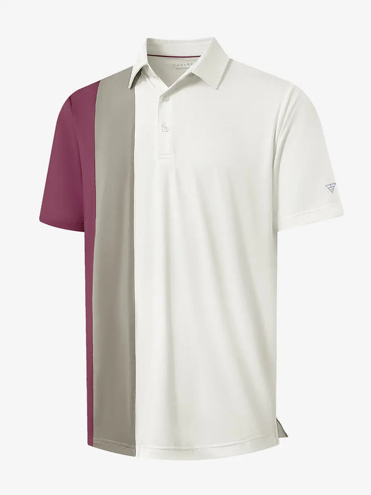 3D view of CREAM Moisture Wicking Color Block Polo Shirt showing fabric and color block design.