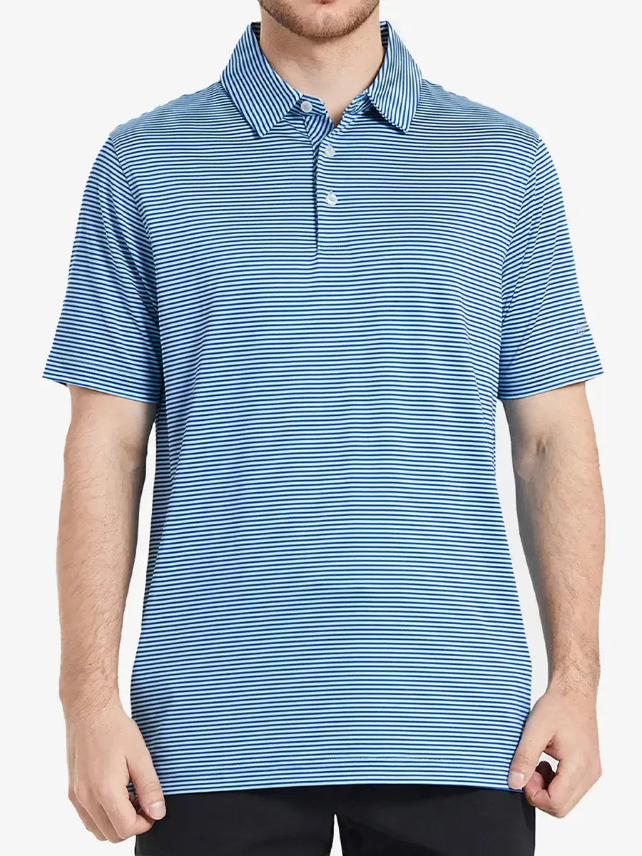 Front half-body shot of model wearing AQUA STRIPE golf shirt, clean and cool aesthetic