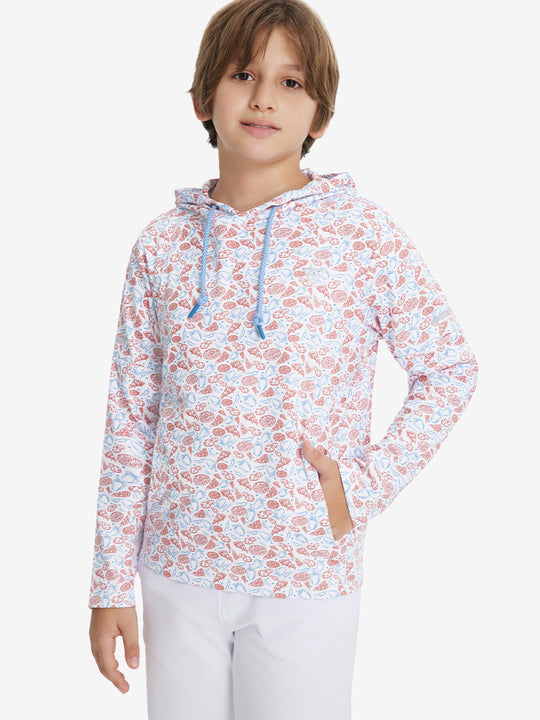 Model front upper body with one hand in pocket, stylish youth full print hoodies pullover in white pizza.