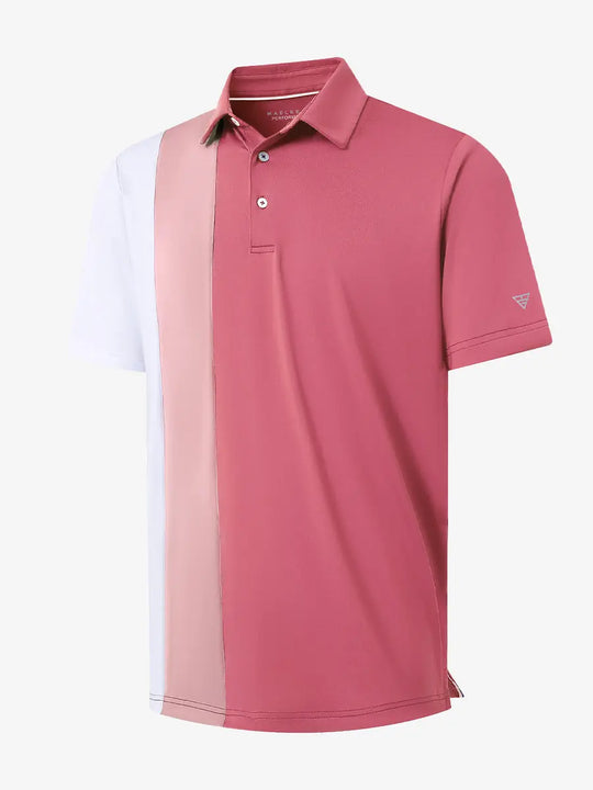 3D view of CRANBERRY Moisture Wicking Color Block Polo Shirt showing fabric and color block design.