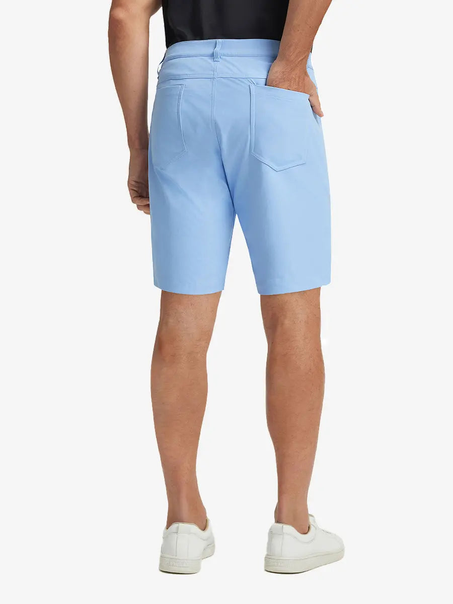 LIGHT BLUE 4-way Stretch Performance Solid Shorts, back lower body view for golf wear, 9 Inch style