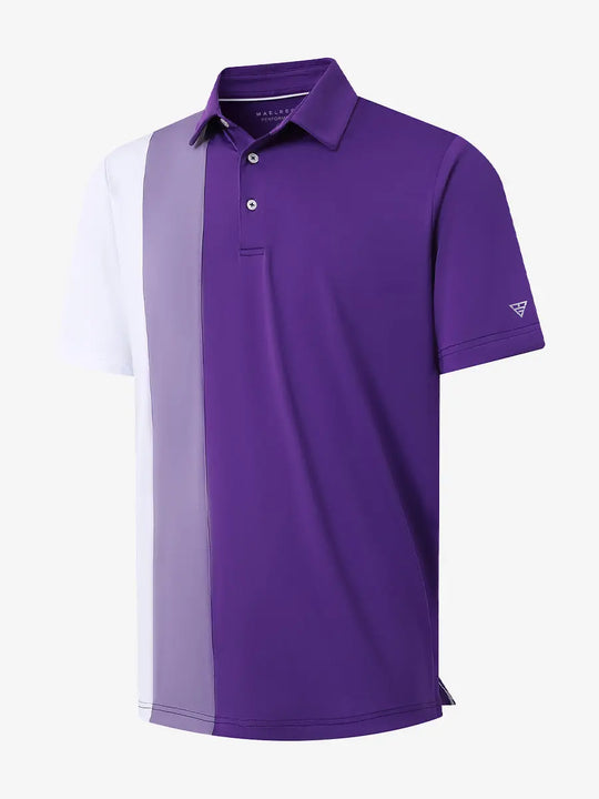 3D view of PURPLE Moisture Wicking Color Block Polo Shirt showing fabric and color block design.