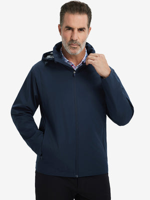 Model wearing the lightweight water-repellent softshell hooded jacket, navy, front upper-body outdoor style.
