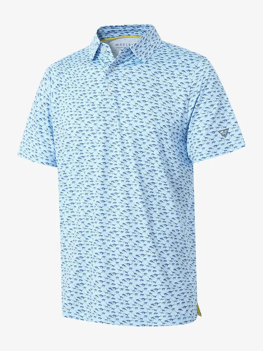3D view of MAELREG Performance Jersey Print Polo in Blue Dinosaur – breathable golf fabric
