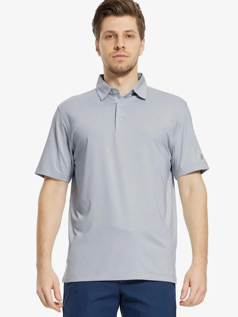 Front half-body view of male model in the Silver Grey Everyday Classic Solid Polo, standing still