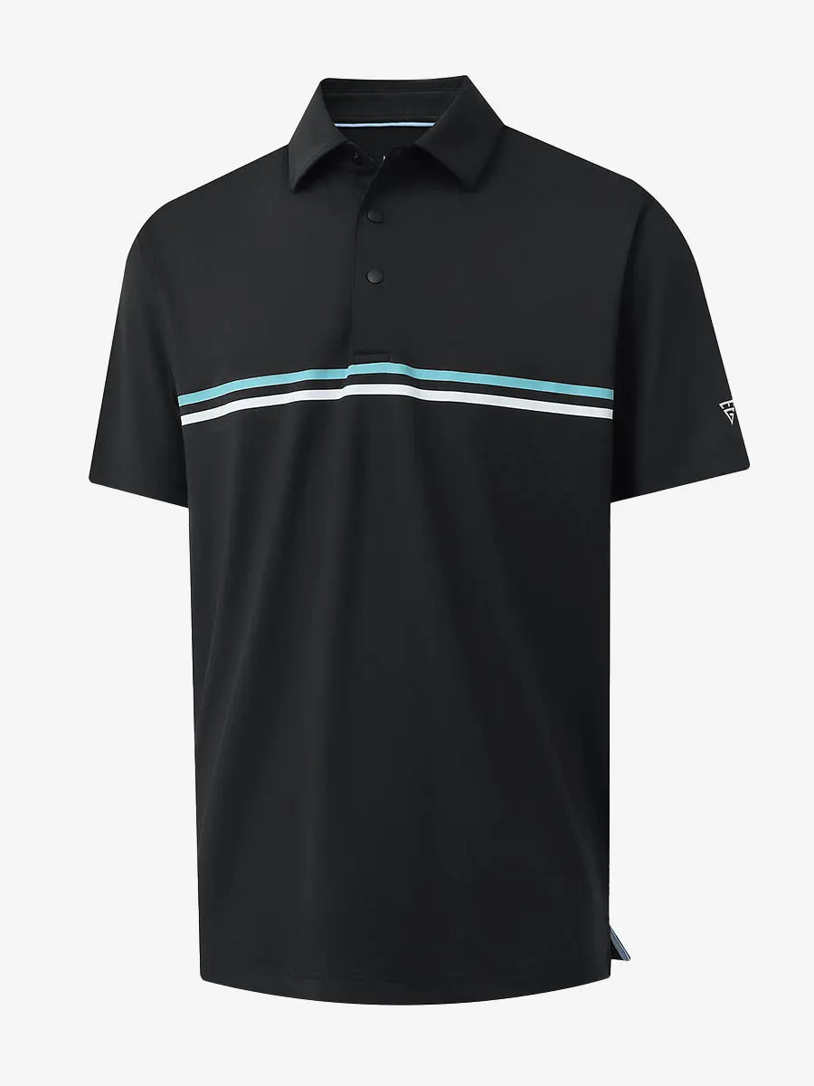 3D view of BLACK Stylish Chest Print Snap Polo showing design and fit