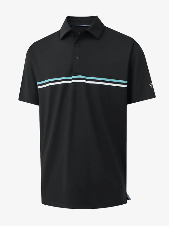 3D view of BLACK Stylish Chest Print Snap Polo showing design and fit
