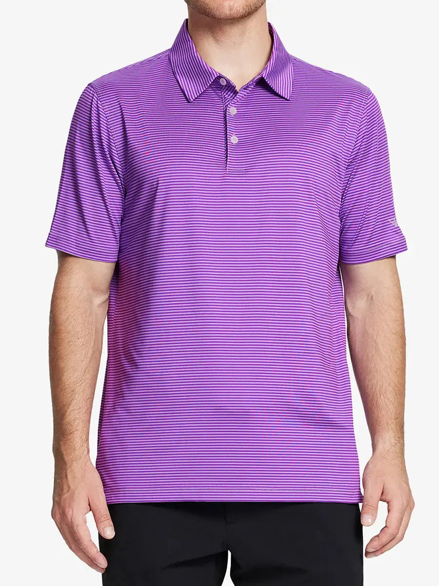 Model wearing Cooling Stripe Golf Shirt in LILAC STRIPE, half-body front view with relaxed pose
