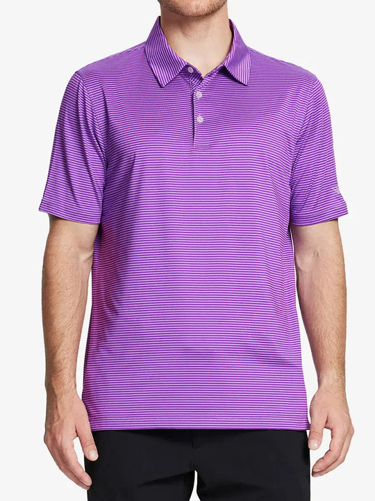 Model wearing Cooling Stripe Golf Shirt in LILAC STRIPE, half-body front view with relaxed pose