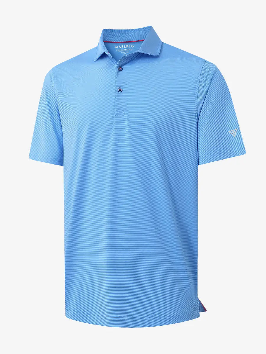Folded SKY BLUE STRIPE Pinstripe Jersey Performance Polo neatly displayed								
