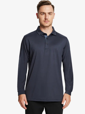Front half-body view of model wearing DARK GREY Long Sleeve Solid Jersey Polo