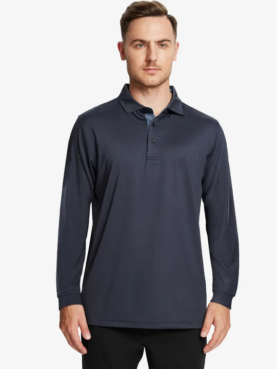 Front half-body view of model wearing DARK GREY Long Sleeve Solid Jersey Polo