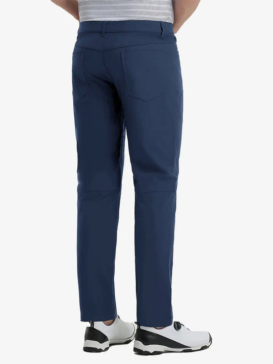 Back view of Stretch Plain Everyday Pants, tailored silhouette with clean lines – NAVY