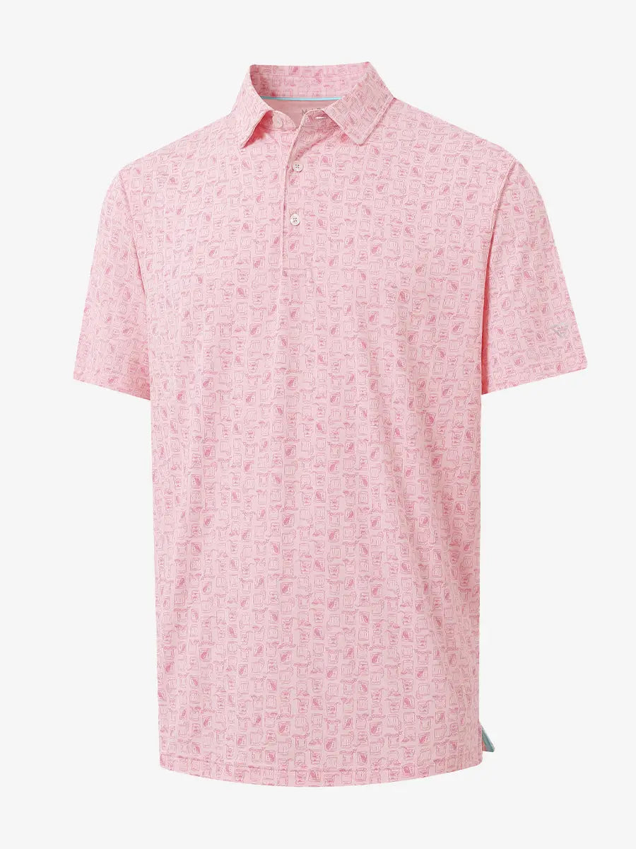 3D view of PINK WHISKEY GLASS Popular Heather Print Polo showing texture and print details