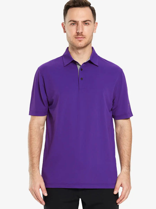 Half-body front pose with golf club in PURPLE Ventilated Pique Performance Polo