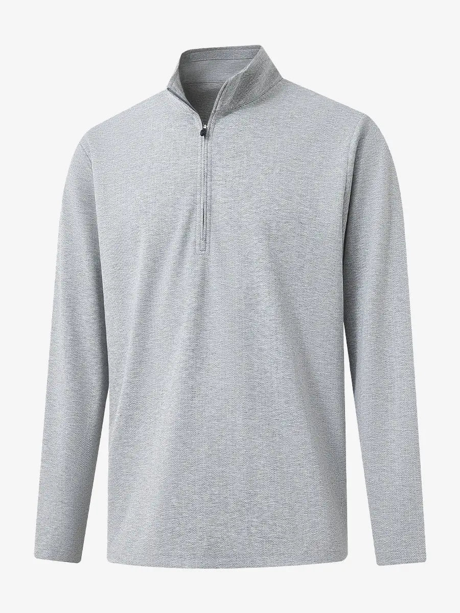 3D view of LIGHT GRAY HERRINGBONE Premium Jacquard Quarter Zip Pullover showcasing texture and fit.								

