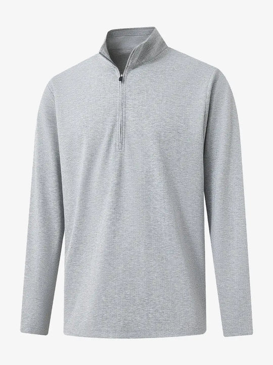 3D view of LIGHT GRAY HERRINGBONE Premium Jacquard Quarter Zip Pullover showcasing texture and fit.								
