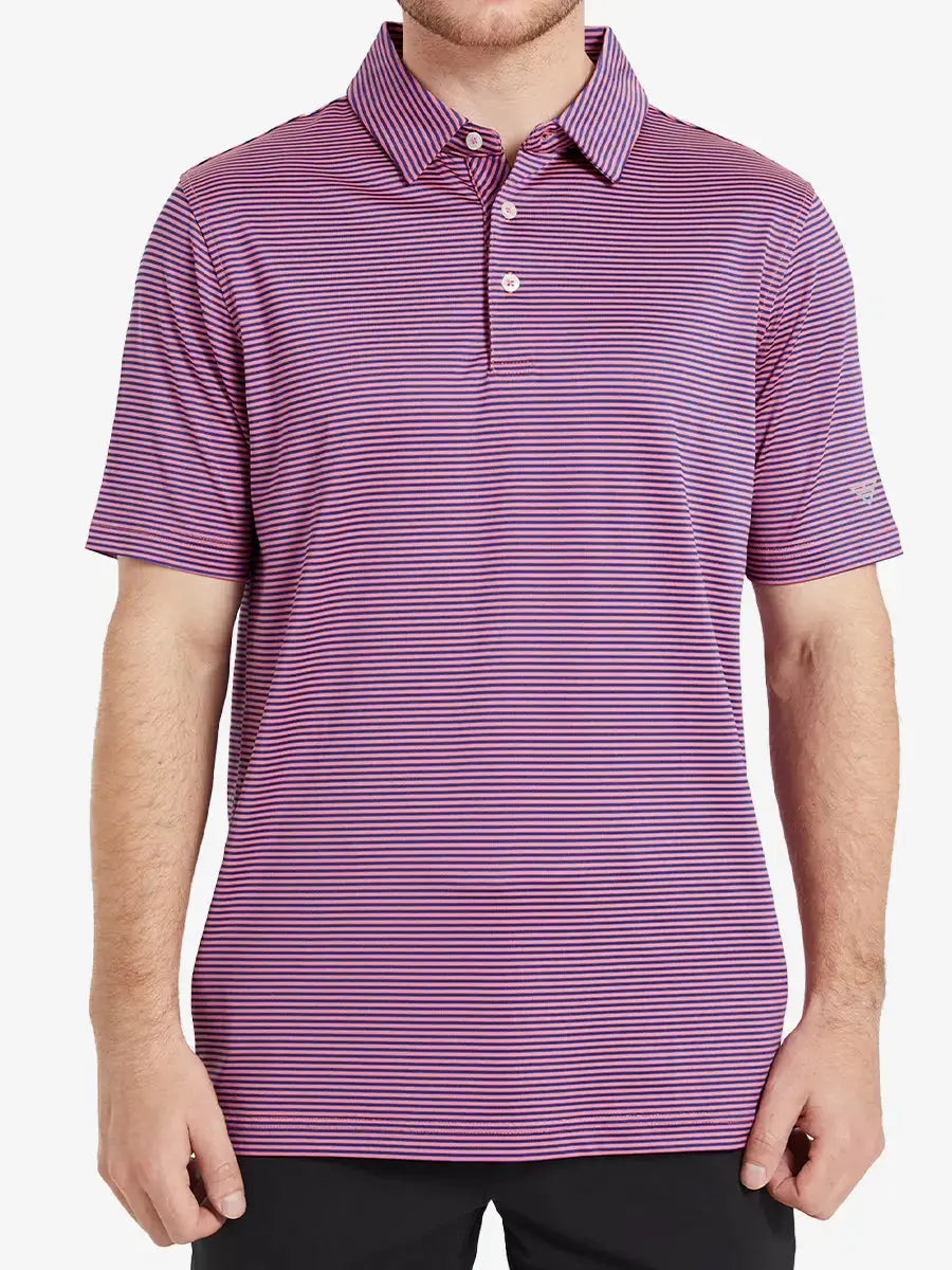 Model wearing Cooling Stripe Golf Shirt in PINK BLUE STRIPE, half-body front view with relaxed pose