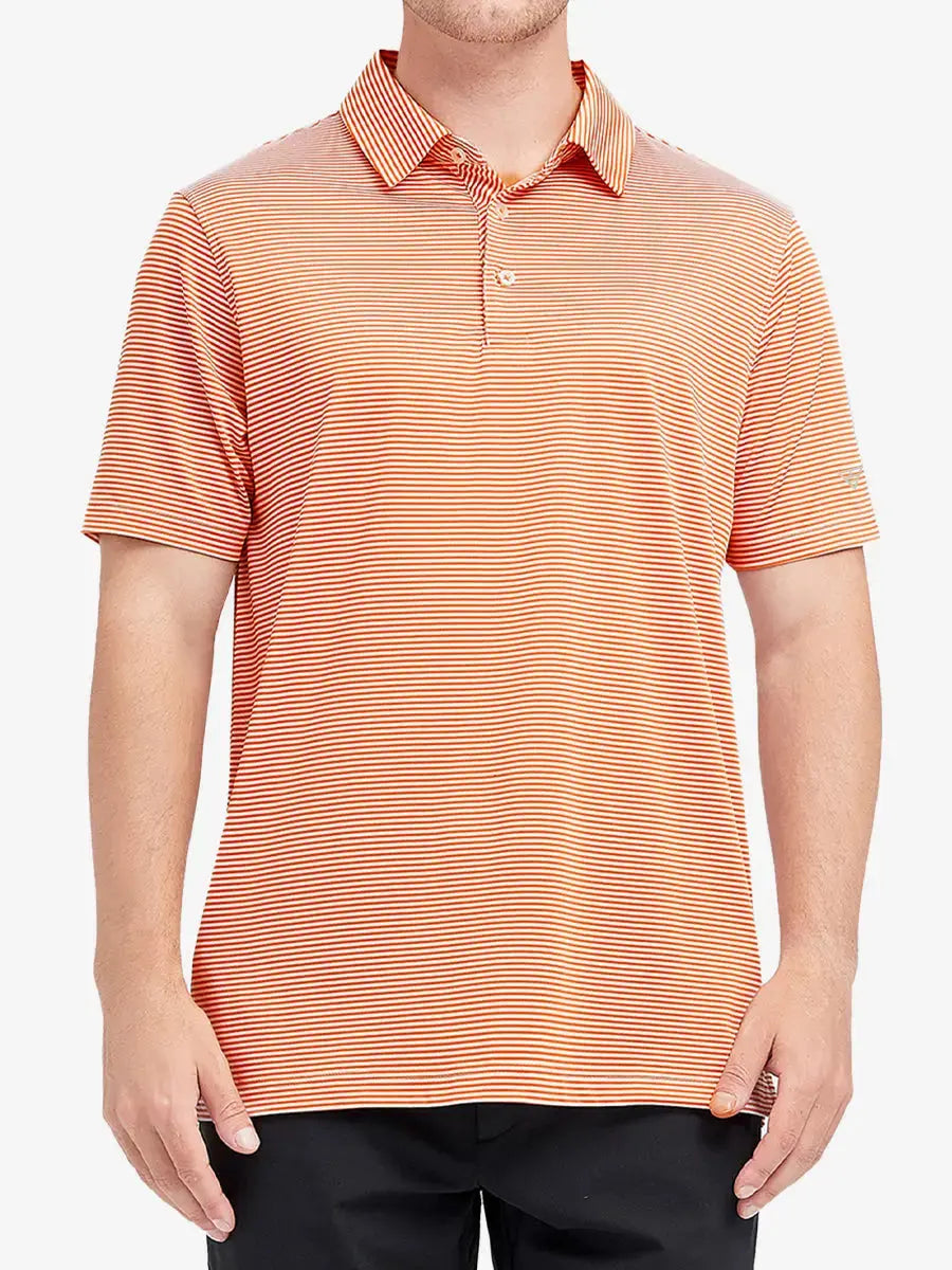 Model wearing Cooling Stripe Golf Shirt in ORANGE STRIPE, half-body front view with relaxed pose