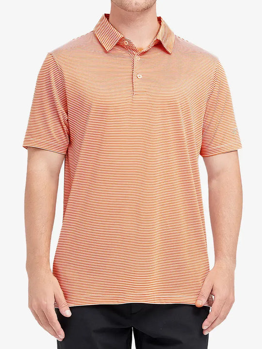 Model wearing Cooling Stripe Golf Shirt in ORANGE STRIPE, half-body front view with relaxed pose