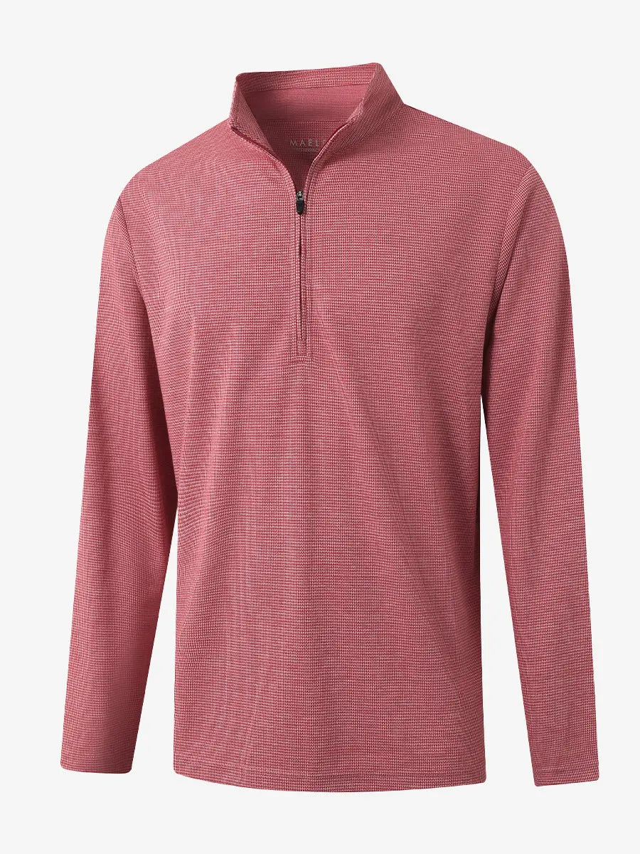 3D view of RED HOUNDSTOOTH Premium Jacquard Quarter Zip Pullover showcasing texture and fit.								
