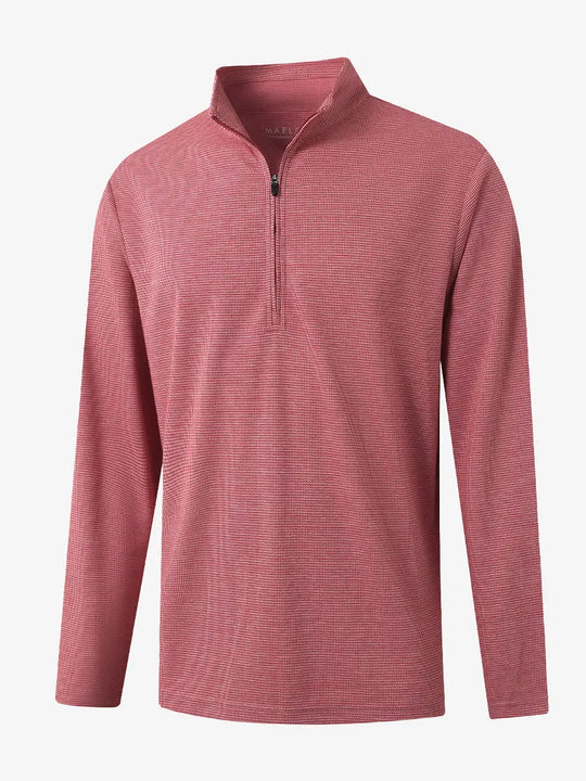 3D view of RED HOUNDSTOOTH Premium Jacquard Quarter Zip Pullover showcasing texture and fit.								
