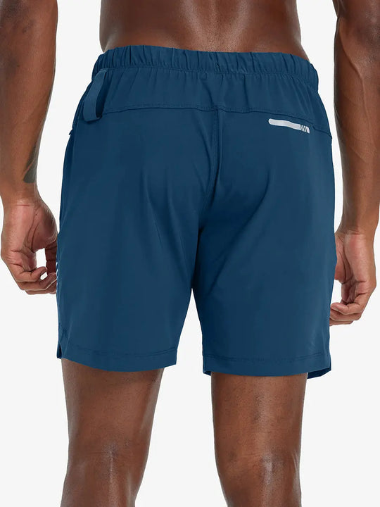 Back lower-body view from waist to upper calves in BLUE INDIGO 2 in 1 Running Sports Shorts with Liner
